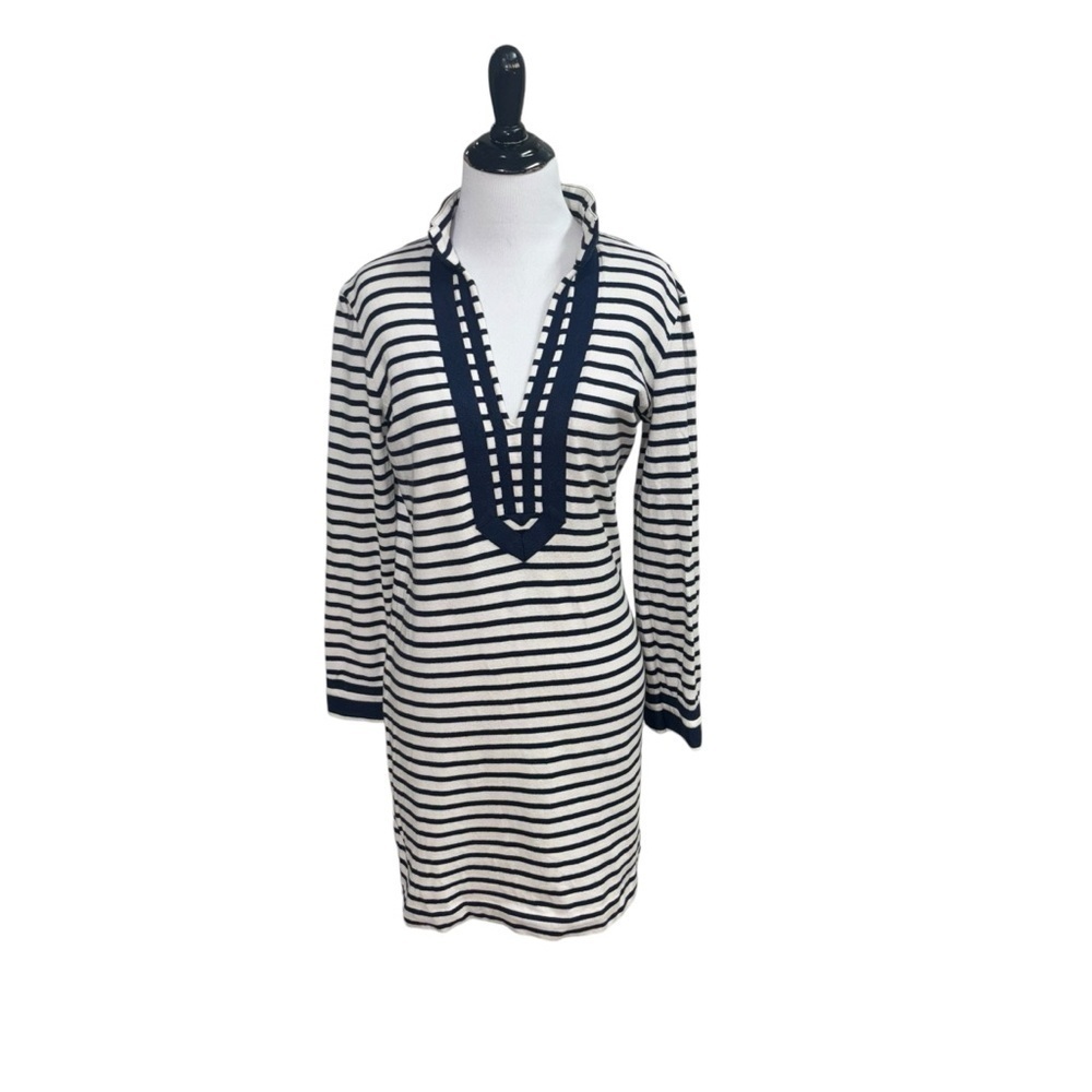 Tory Burch Women's S Small Mini Knit Dress Striped Nautical Long Sleeves V-Neck